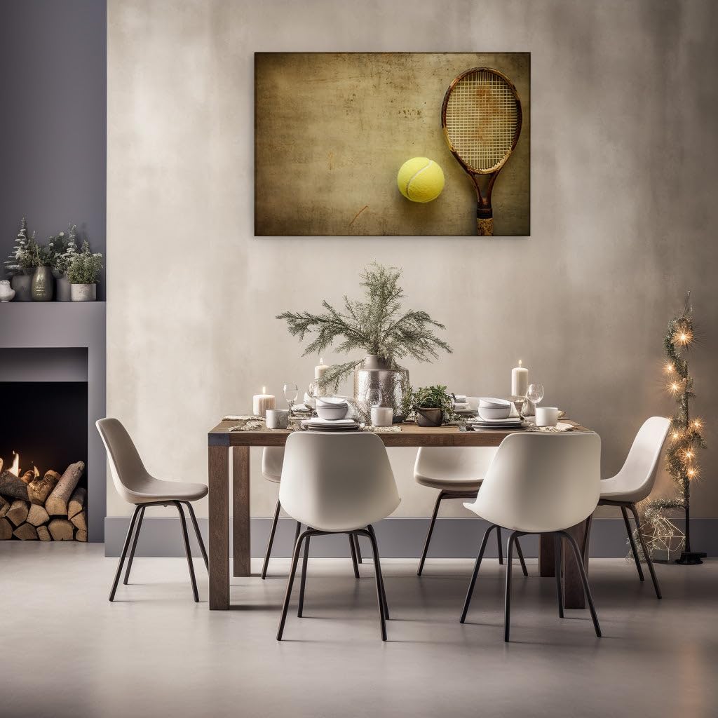 Canvas for Living room. Reviving the Game: A Nostalgic Still Life with a Vintage Tennis Racket and Ball, 27 x 18 inch Canvas Wall Art - Contemporary Masterpieces - Retro Home Decor