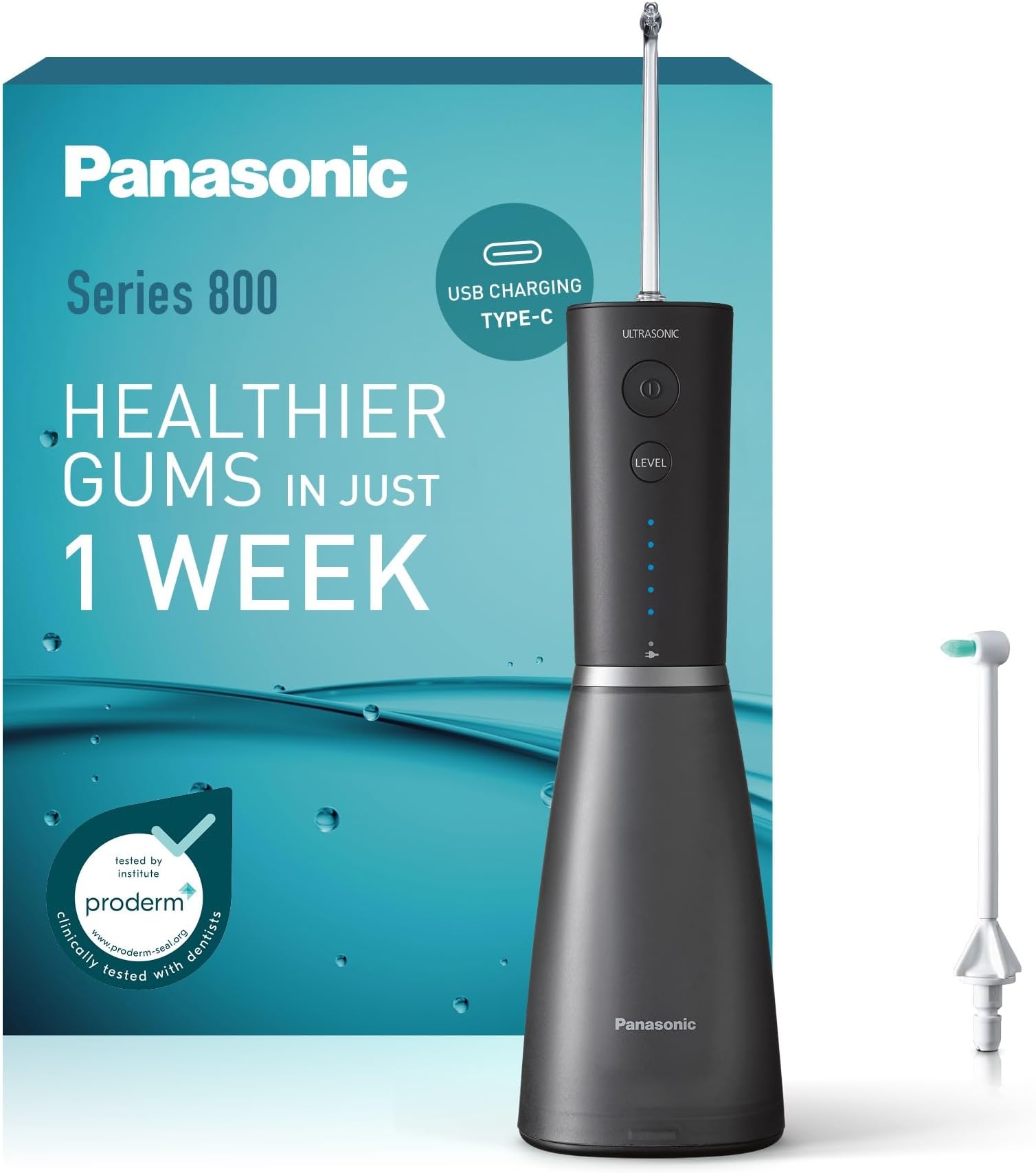 Series 800 Water Flosser for Teeth, Cordless EW-DJ86-K511, 99.9% Plaque Remover, USB-C Charging, Ultrasonic, Orthodontic Nozzle, 5 Pressure Settings, Oral Irrigator for Home & Travel, Black