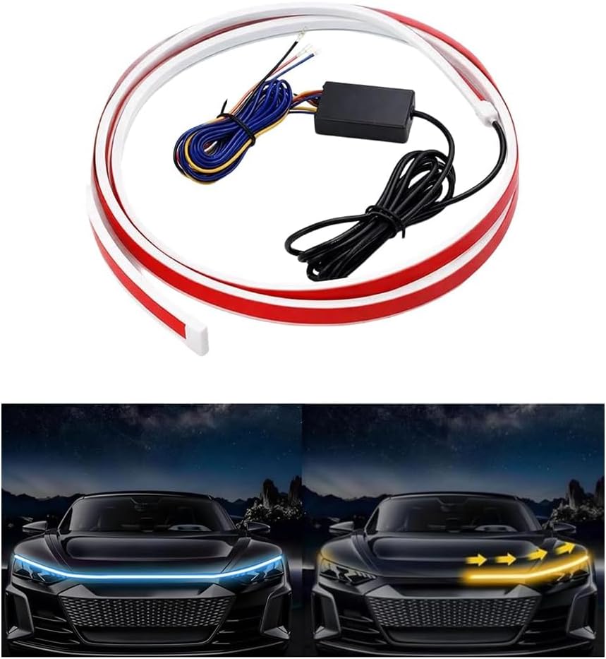 Car Hood Led Light Strip, 70" RGB Flexible Dynamic Scan Start up Hoodbeam Lamp with Turn Signal Function, Auto Engine Cover Daytime Running Light, Universal Fit (Ice Blue/Yellow)