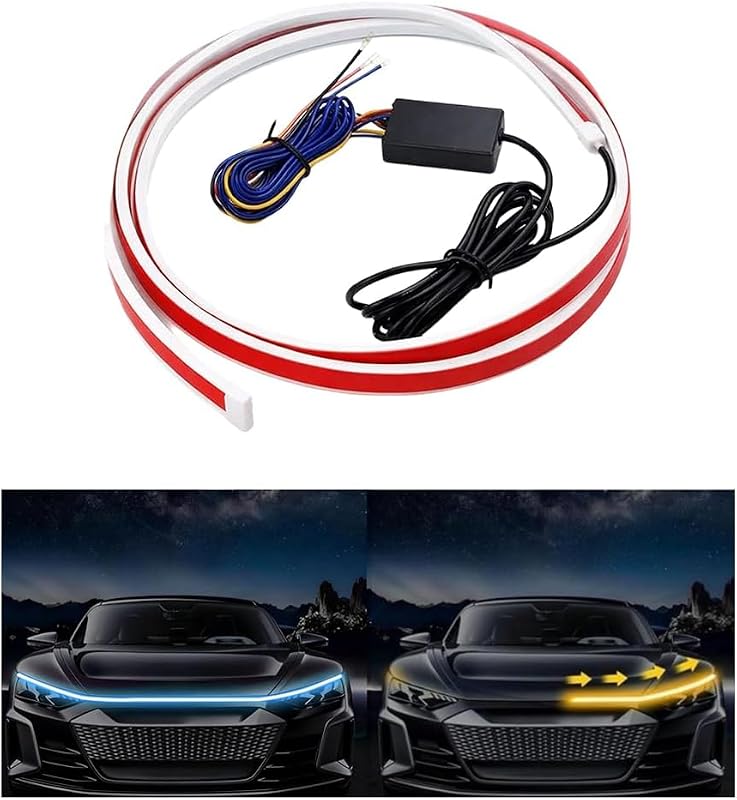 Car Hood Led Light Strip, 70" RGB Flexible Dynamic Scan Start up Hoodbeam Lamp with Turn Signal Function, Auto Engine Cover Daytime Running Light, Universal Fit (Ice Blue/Yellow)