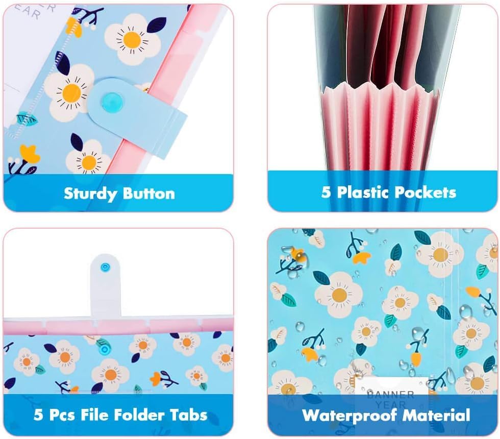 Image of Corslet Pack of 6 Floral Expanding File Folder File Holder for Documents with 5 Pockets Organizer Plastic A4 Size Organizer for Personal Use Multi-Project Organization for School Teacher and Office