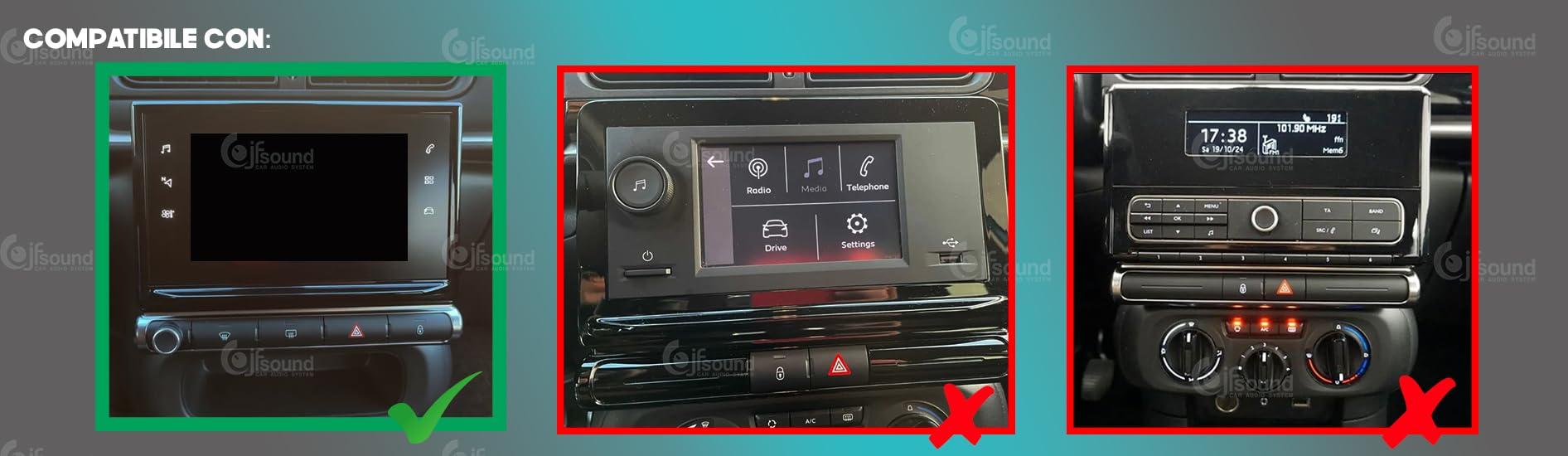 JF Sound - Autoradio Custom Fit UP - Per Citroën C3 (2016-2023) - 9" Touchscreen - CarPlay/Android Auto via Cavo - DAB+ - Octa-Core - 2GB RAM - 16GB ROM - Navigatore GPS - Bluetooth Integrato