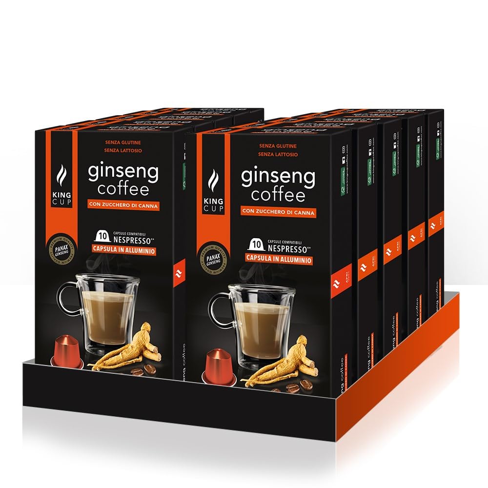 King Cup - 10 Paquetes de 10 Cápsulas de Ginseng con Azúcar de Caña, 100 Cápsulas 100% Compatible con el Sistema Nespresso de Bebida con Sabor de Ginseng, Sin Gluten y Sin Lactosa
