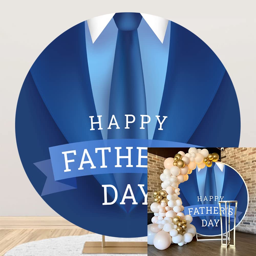 DORCEV 7.2x7.2ft Happy Father's Day Round Backdrop Cover Jewel Blue Suit Bow Tie Father's Day Circle Backdrop Dad Grandpa Family Party Background for