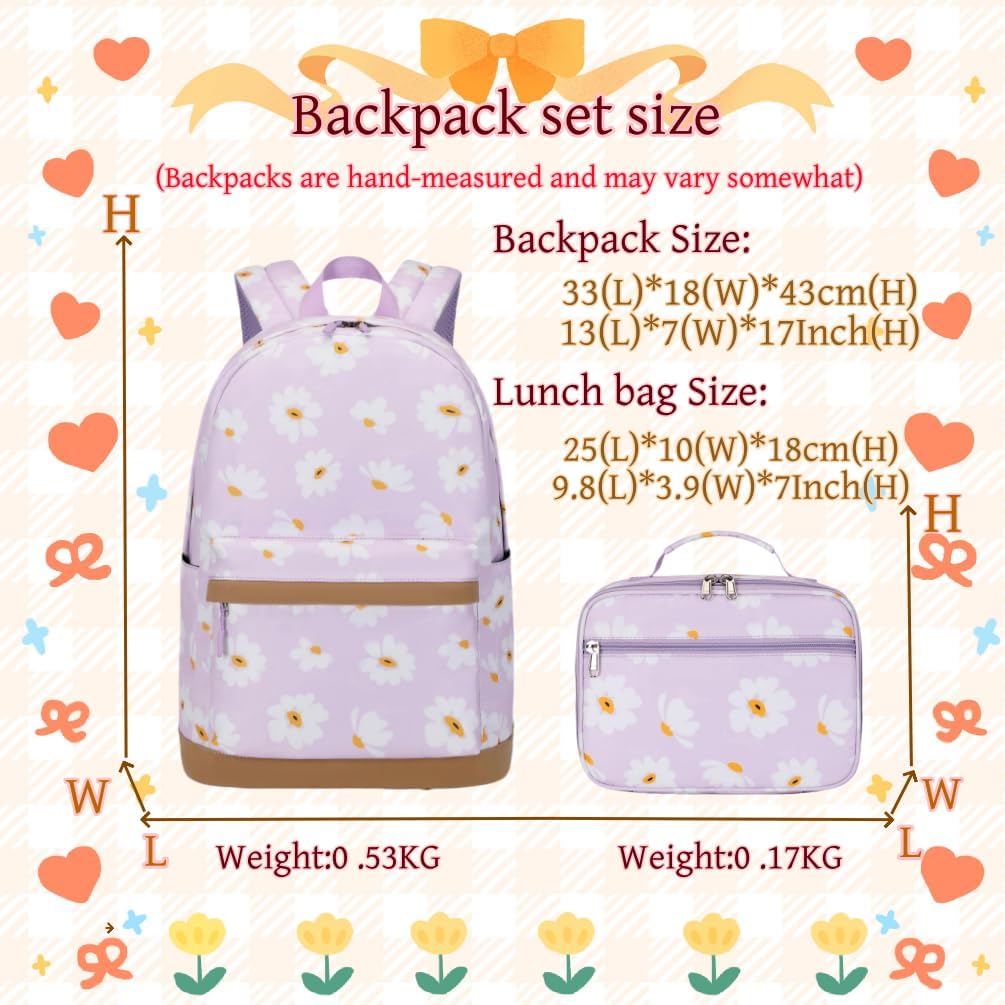 EKUIZAI 2Pcs Daisy Prints Backpack Sets for Girl Bookbag Primary Schoolbag Elementary Students Daypack with Lunch Bag - Image 2