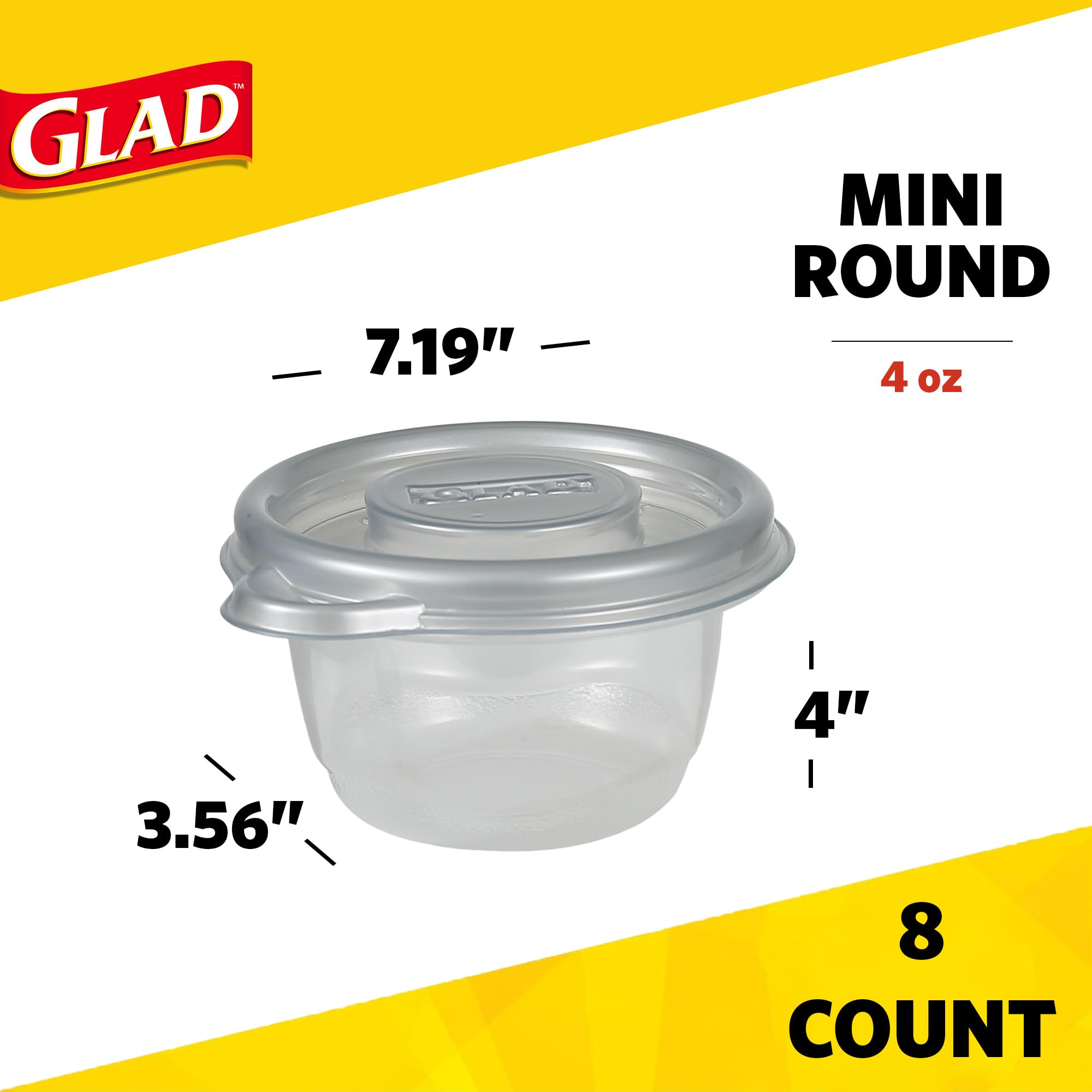GladWare Home Mini Round Food Storage Containers, Small Food Containers Hold 4 Ounces of Food, 8 Count Set | With Glad Lock Tight Seal, BPA Free Containers and Lids