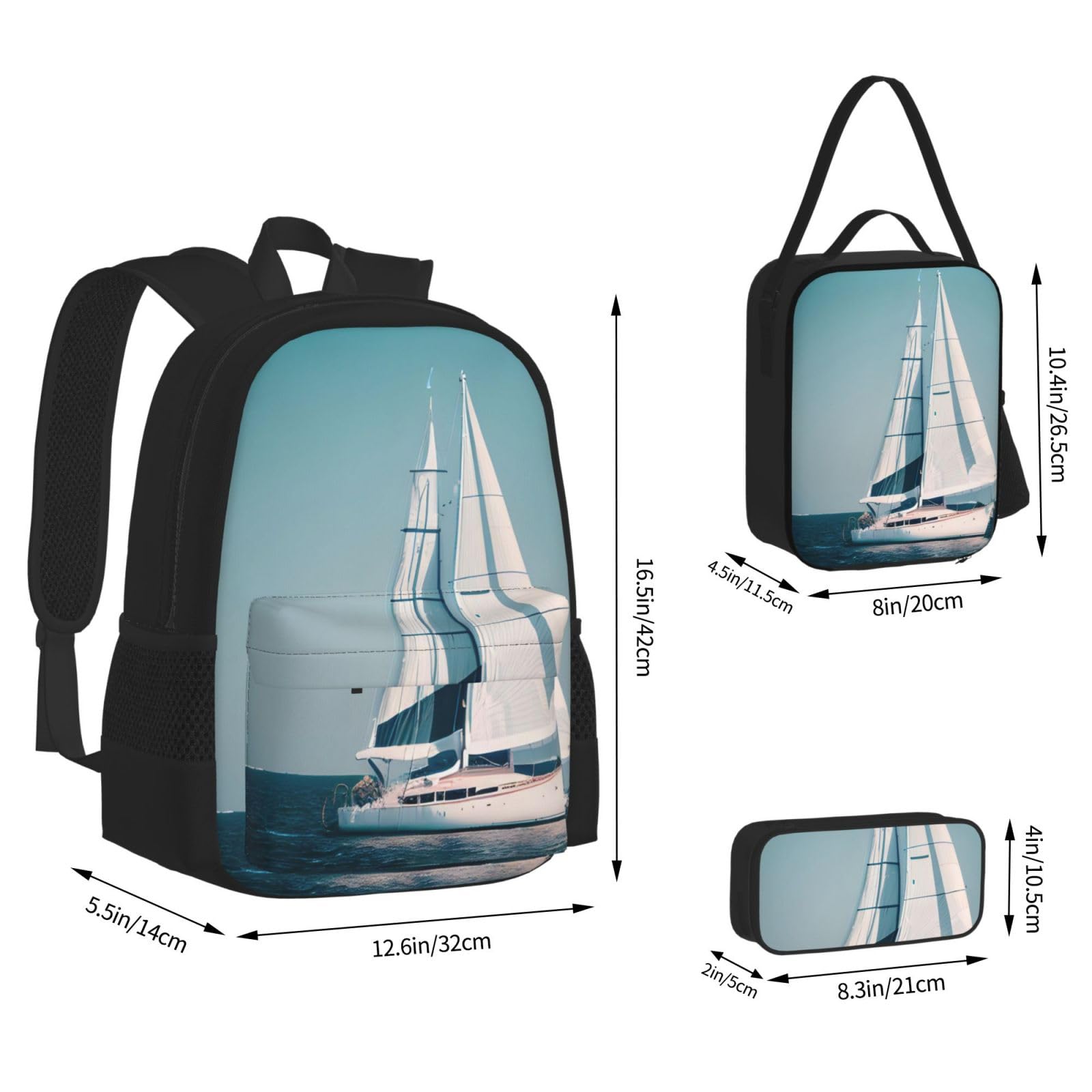 Juego de mochila 3 en 1 con estampado de paisaje de velero con bolsa de almuerzo y estuche, adecuado para trabajo, picnic, viajes, Negro -, Talla única