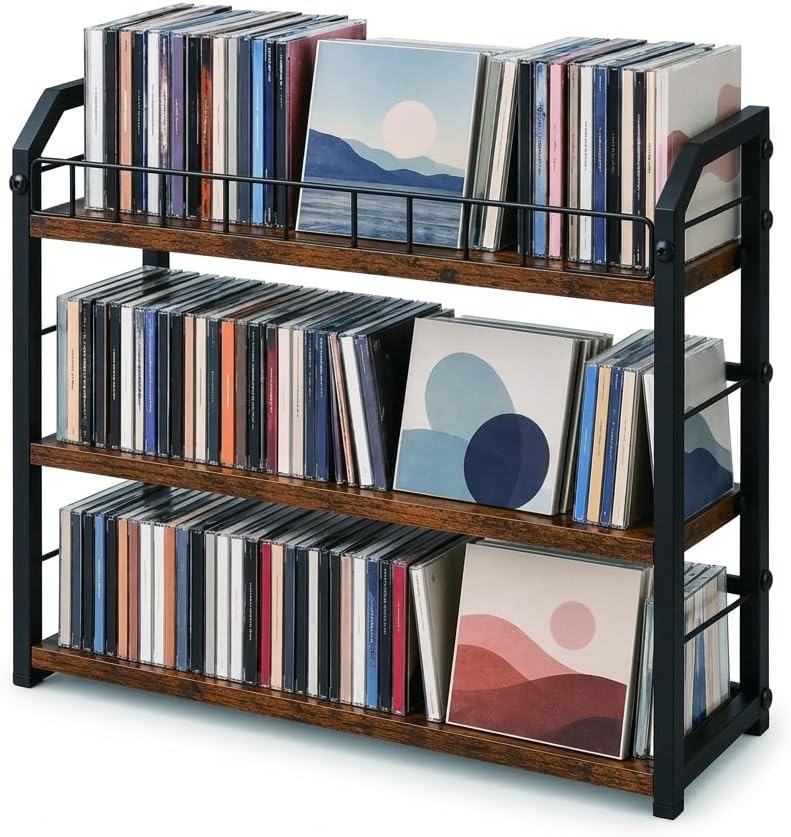 3-Tier CD Storage Rack, Rustic Wood Media Organizer Stand for Tabletop