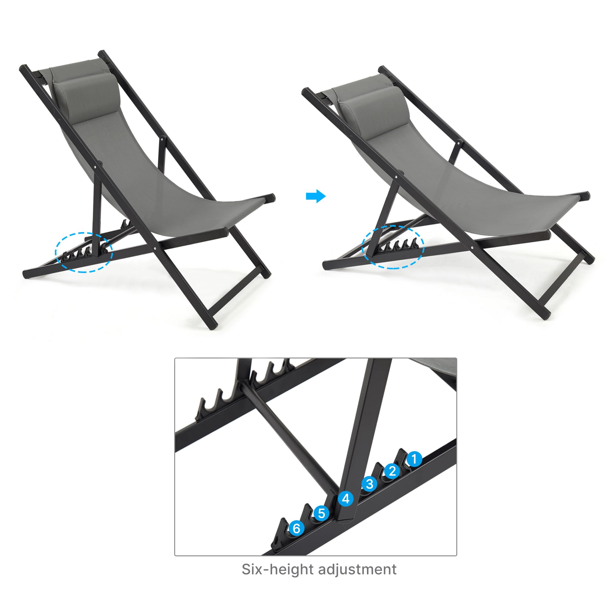 Mondeer Lot de 2 Chaise Longue Pliable, Coton Bains de Soleil Fauteuil Relax de Plage pour Intérieur et Extérieur Balcon Terrasse, 104D x 58 W x 95H cm, Gris