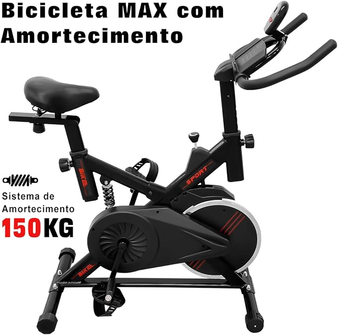 Vista lateral de uma bicicleta ergométrica vertical preta com detalhes em vermelho, com texto 'Bicicleta MAX com Amortecimento' e 'Sistema de Amortecimento 150KG'.
