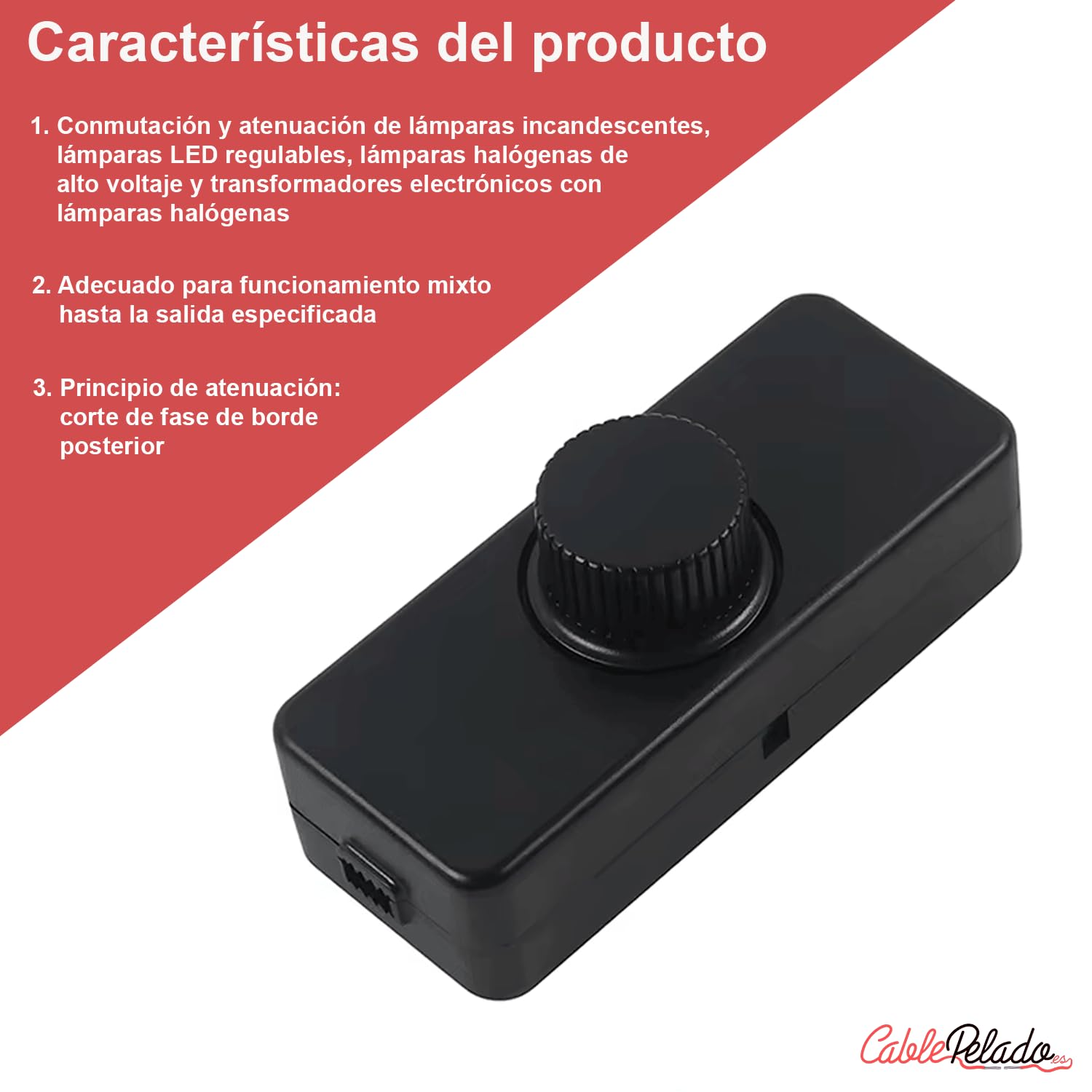 CABLEPELADO Potenciómetro Regulador de Luz con Interruptor – Dimmer LED, Control de Intensidad 12V-24V DC, Atenuador para Tiras LED, Potencia 8A 196W Máx, Conexión por Tornillo