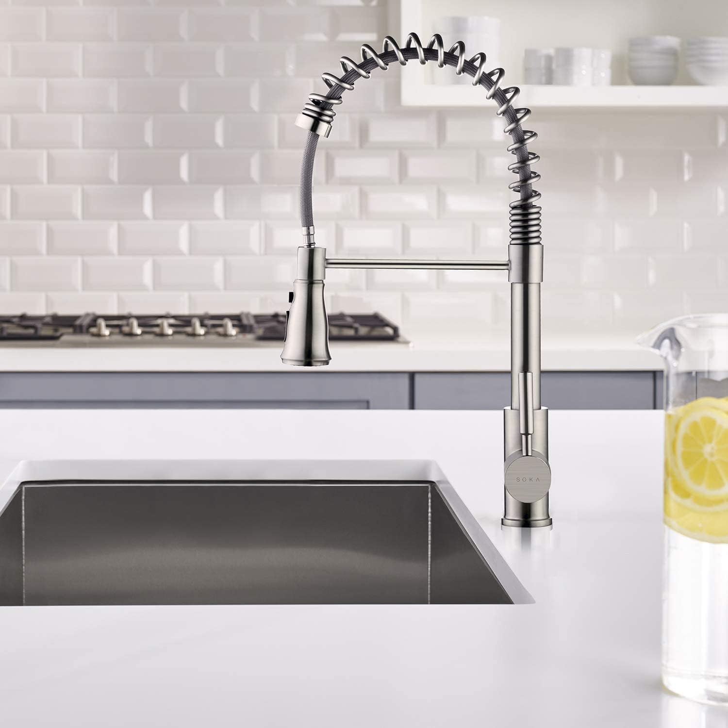 SOKA Kitchen Faucet with Pull Down Sprayer Single Handle RV Commercial High Arc Touch Farmhouse Kitchen Faucets Fit for 1 & 3 Hole with Deck Plate Industrial Style, Brushed Nickel