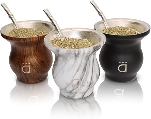 Miniatura 6 de Kalmateh Modern Yerba Mate Gourd - Doble pared de acero inoxidable 188, incluye bombilla y un cepillo de limpieza, 9 onzas, 9.1fl oz (mármol)