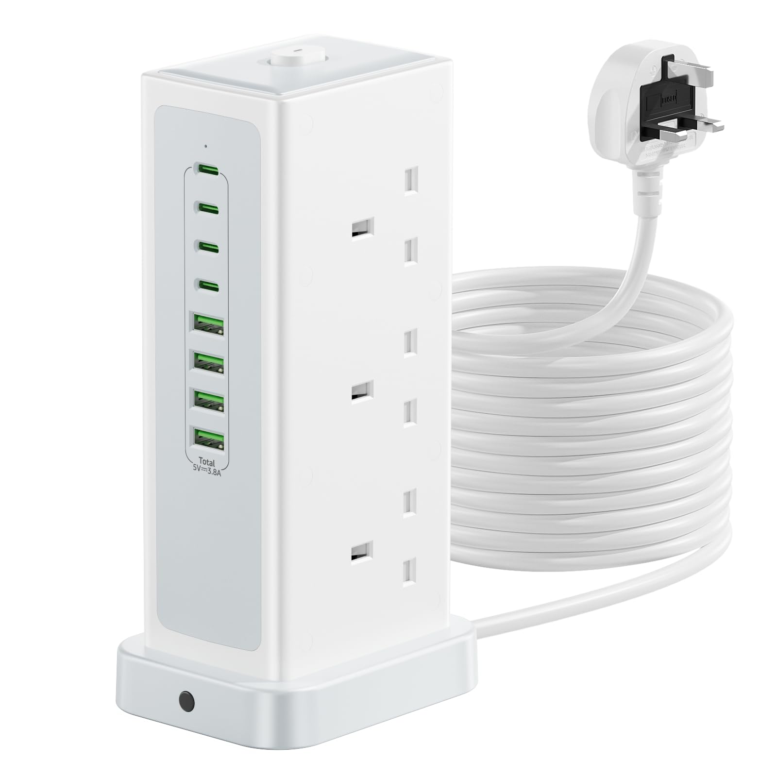 Tower Extension lead with USB Slots,6 Way (13A/3250W) Plug Extension Socket with 4 USB C & 4 USB A, Overload Protection Power Strip with Switch 1.8M Extension Cable for Office, Home, Kitchen — view 8