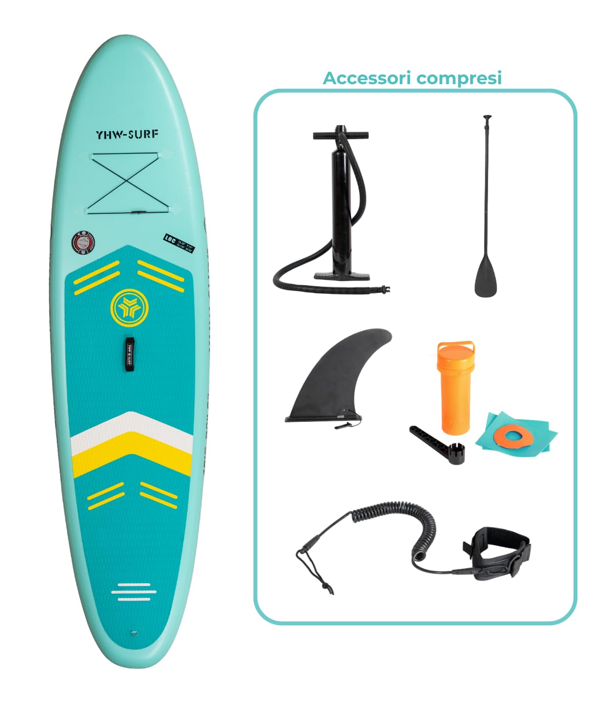 Tavola SUP Gonfiabile 320x84x15 cm – Stand Up Paddle YHW-SURF con Accessori, Pinna Rimovibile, Antiscivolo, Pompa, Zaino – Tavola Paddle Board per Mare, Lago, Fiume