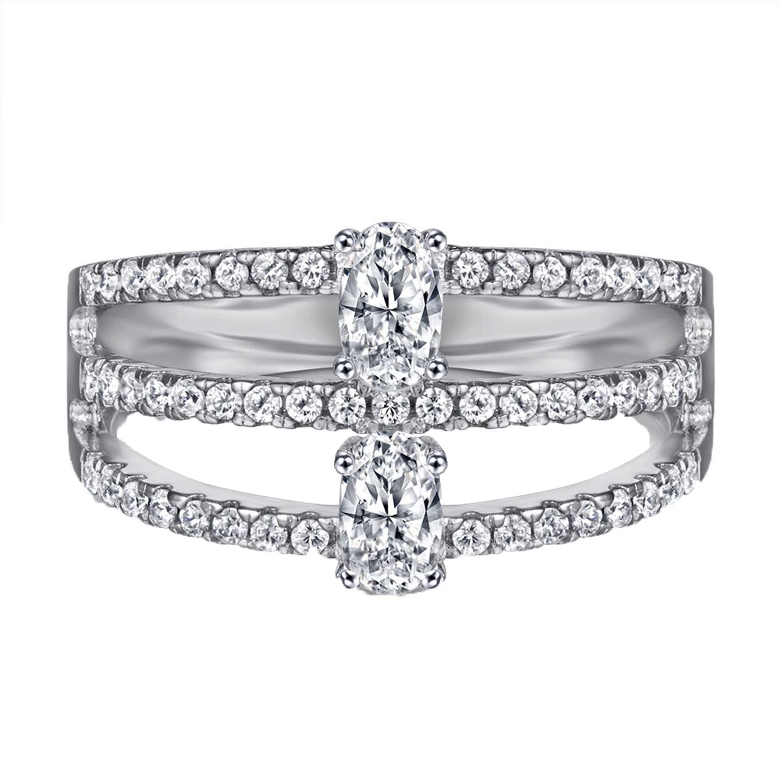 Anillo de plata maciza 925, anillo de compromiso para mujer, 3 filas huecas, ovaladas, 3 x 5 mm, anillo de boda promesa, Plata de ley 925, circonita cúbica