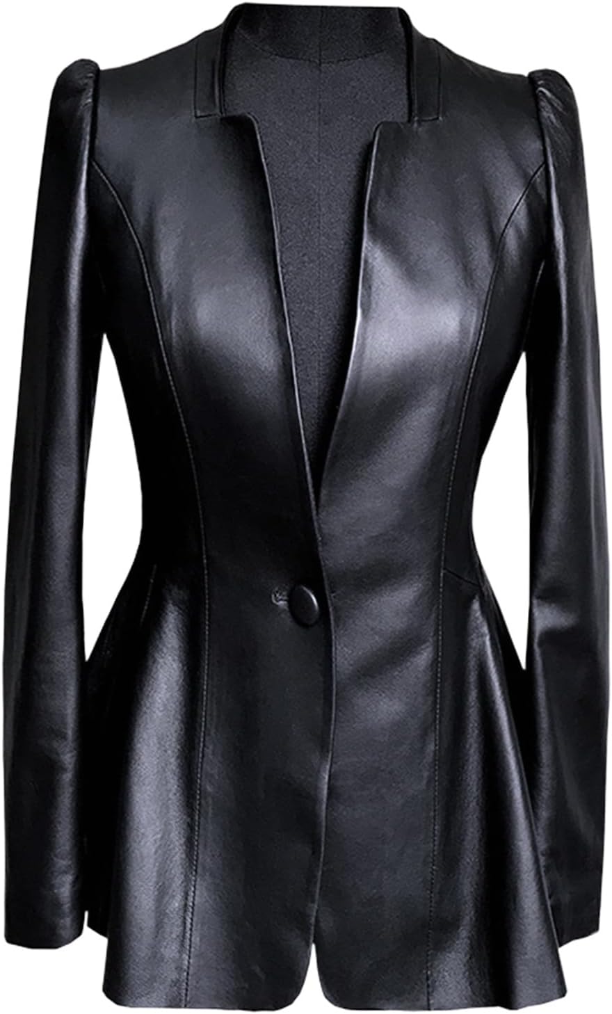 Women's Leather Blazer Casual One Button Suit Coat Daily Work Tuxedos Jacket