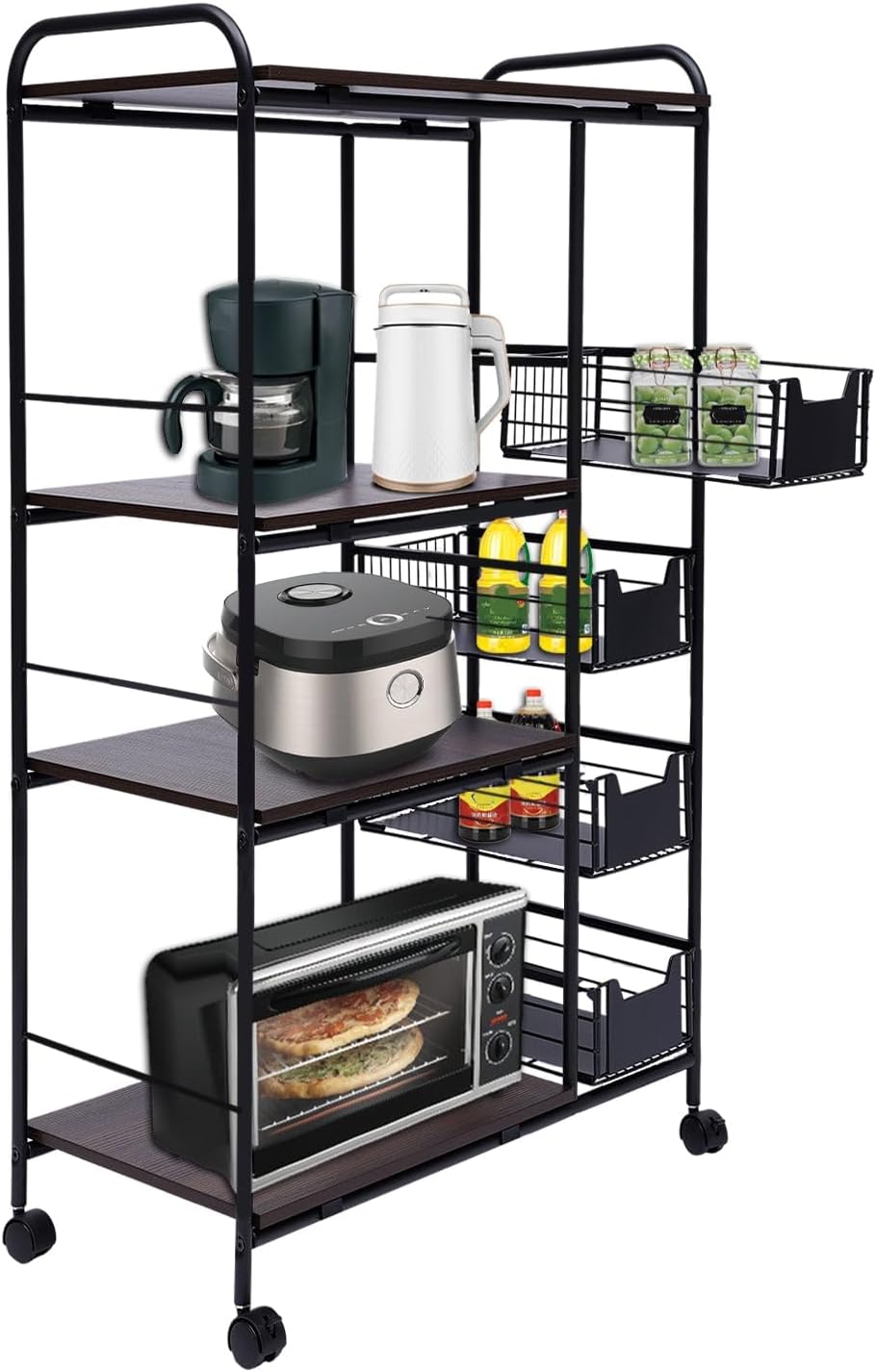 5-Tier Rolling Storage Rack, Kitchen Standing Bakers Shelf, Metal Organizer Shelves, Kitchen Cart, Mobile Storage Island with 4 Basket Drawers, Wheels for Bedroom Office Living Room Black Walnut