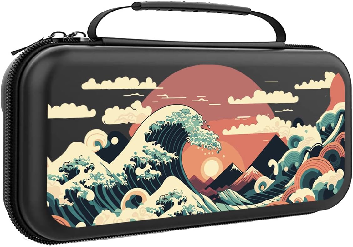 Great Wave Switch Case For Nintendo Switch OLED/Switch LITE/Switch Accessories, Japanese Carry Protective Bag, Ocean Travel Game Console Case, Controller Hard Shell Holder 20 Cartridge Slots J65