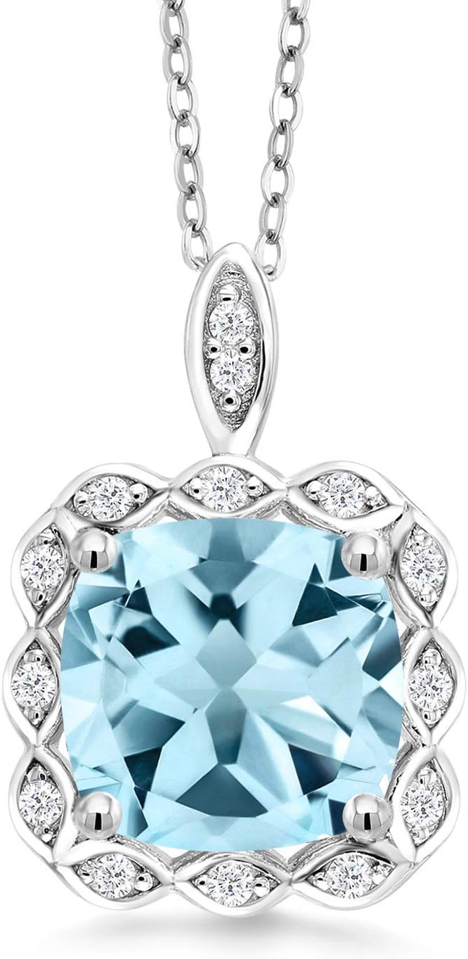 Gem Stone King 3-5 Cttw Gemstone Birthstone Halo Pendant Necklace for Women | 925 Sterling Silver | 10MM Cushion | With 18 Inch Silver Chain | Fine Jewelry Gifts for Her Mom Women Wife