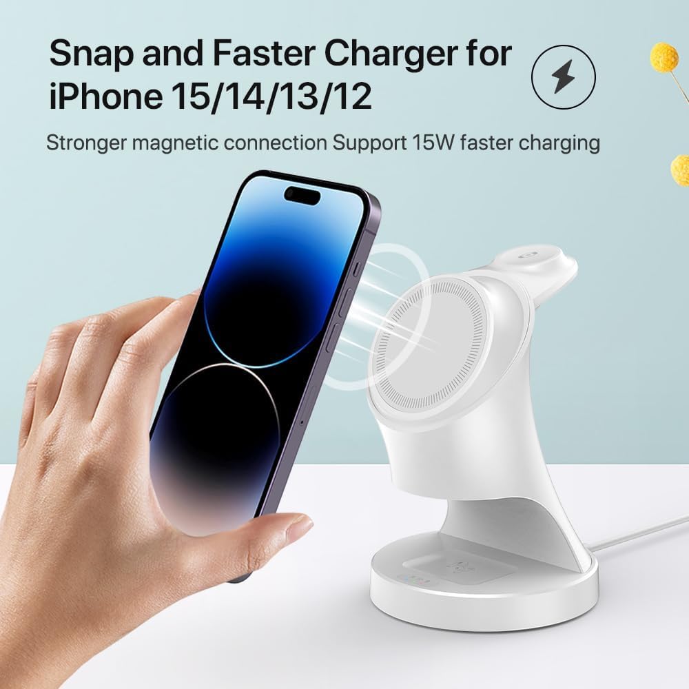 Magnetyczna ładowarka do Apple Watch i iPhone'a, 3 w 1, bezprzewodowa ładowarka do iPhone 16/15/14/13/12 Kompatybilna Samsung Apple Watch/AirPods Pro Series (biały)