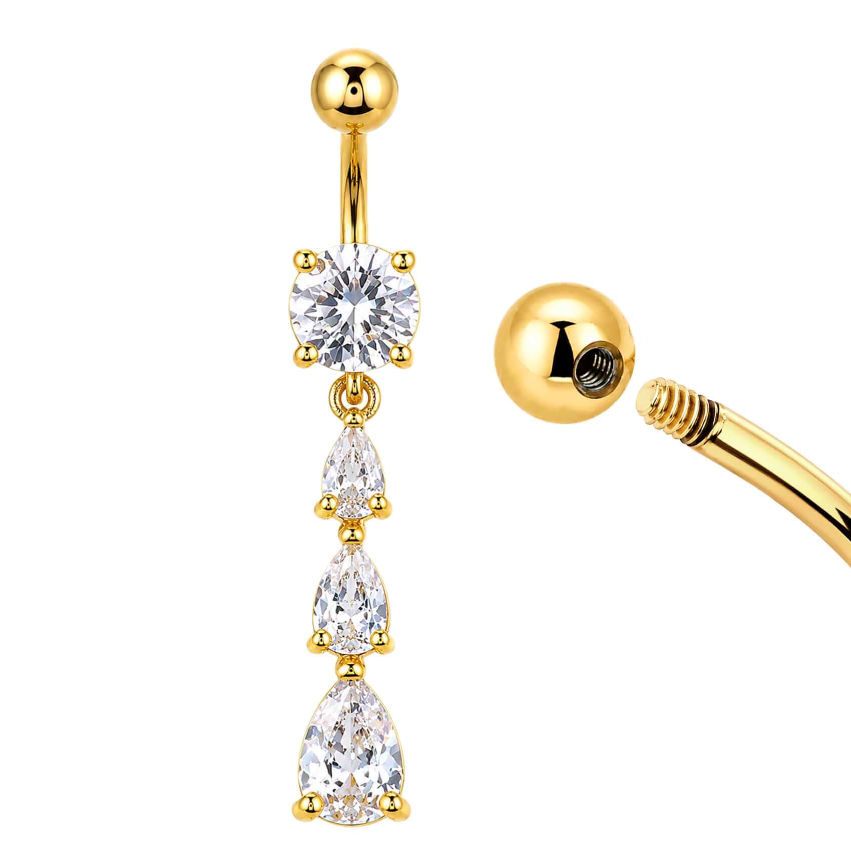 G23 Titanium Dangle Belly Button Ring for Women Gold CZ Internally Threaded Long Teardrop Barbell Navel Rings Body Belly Piercing Jewelry for Sensitive Skin Beach Holiday Daily
