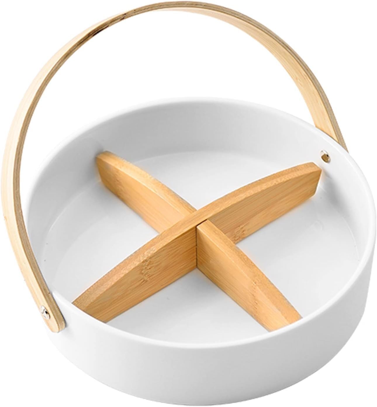 Modern Fruit Tray Portable Ceramic Grid Fruit Plate with Handle Snack Plate Nut Plate Dried Fruit Platter Food Storage Kitchen Items Party Platter Wooden Tray White(B)