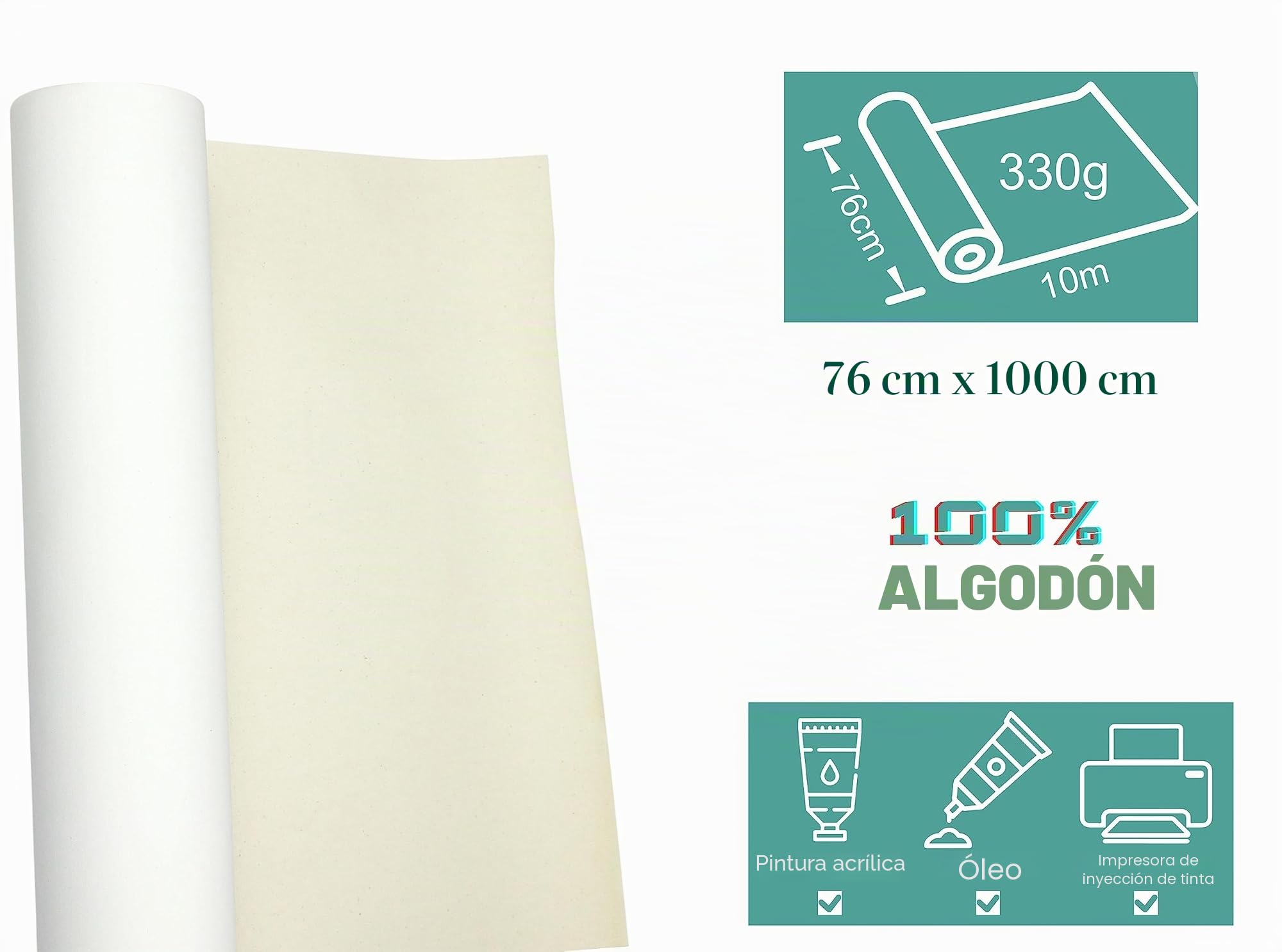 EXERZ Rollo de lona de algodón de 76cm x 10M, 330gsm - Lienzos enrollados - pintura acrílica, pintura al óleo, impresión de inyección de tinta
