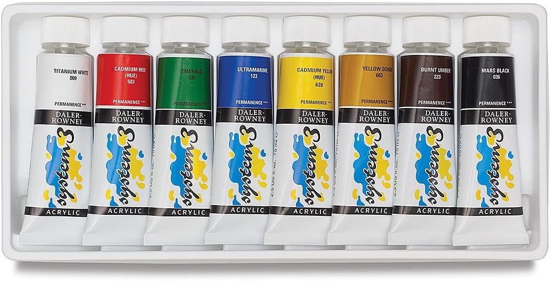 Daler Rowney System3 Selection Set, 8 Assorted Colors 75ml Acrylic Paint Tube - Acrylic Painting Supplies for Artists and Students - Artist Paint for Murals Canvas and More