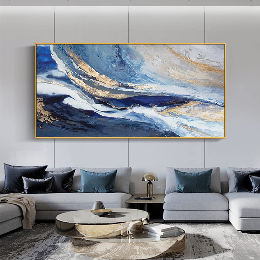 LCDIUDIU Oil Painting, Blue Texture Sea Wave Gold Foil Scenery Luxury Abstract Modern Hand Painted Oil Paintings On Canvas For Family Wall Living Room Dining Room Home Art Decor,120X180Cm(48X72Inch)