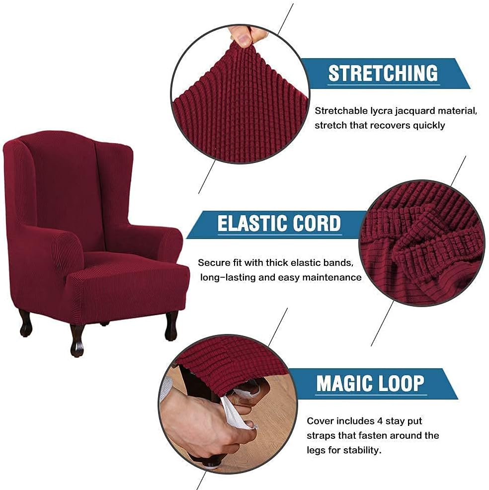 H.VERSAILTEX 1 Piece Wing Chair Covers Bundles Square Ottoman Slipcovers, Burgundy Red
