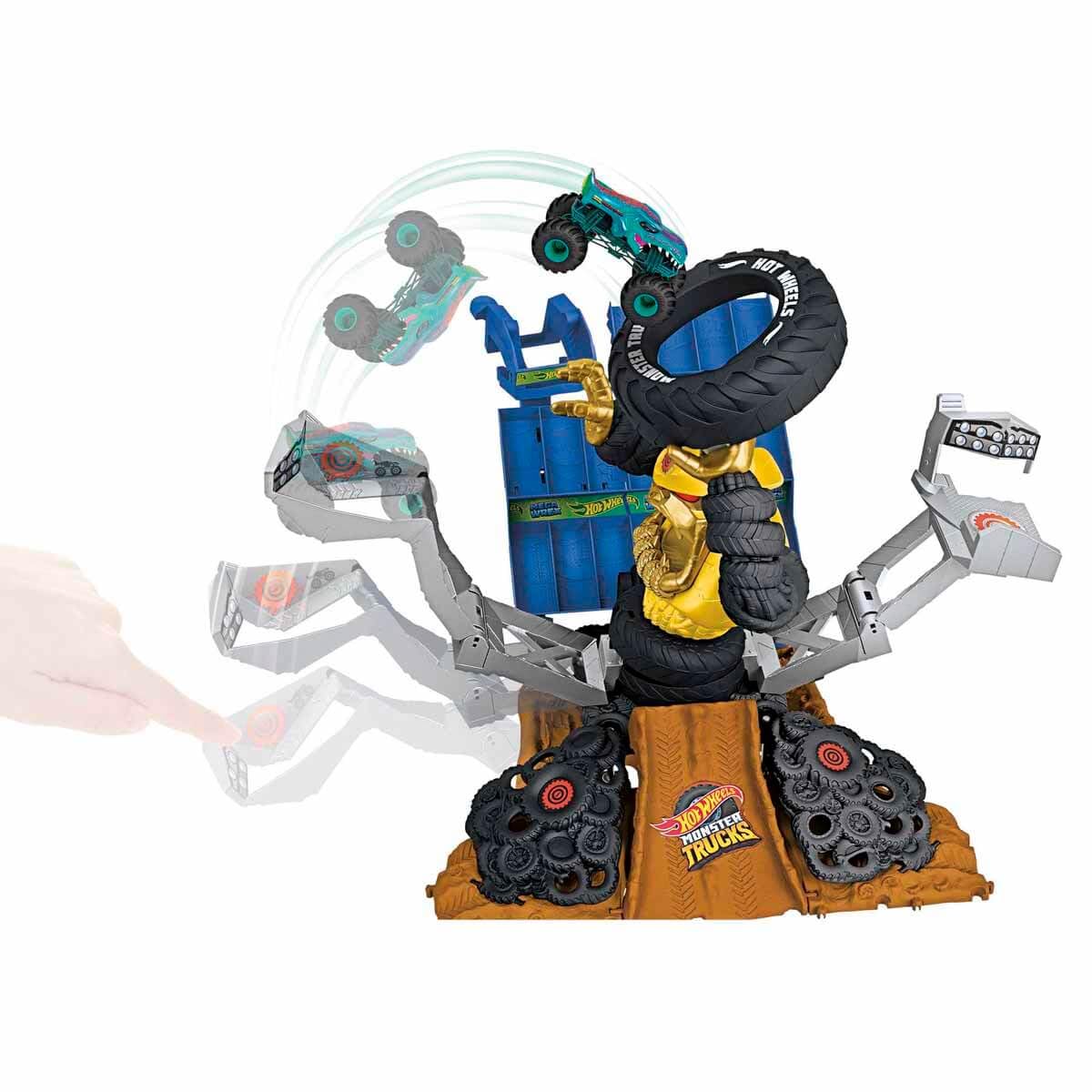Hot Wheels Monster Trucks Arena Smashers – Arena Goryla Zestaw (Mega-Wrex w skali 1:64 vs Crushzilla, 2 samochodziki do „zmiażdżenia”), HPR47