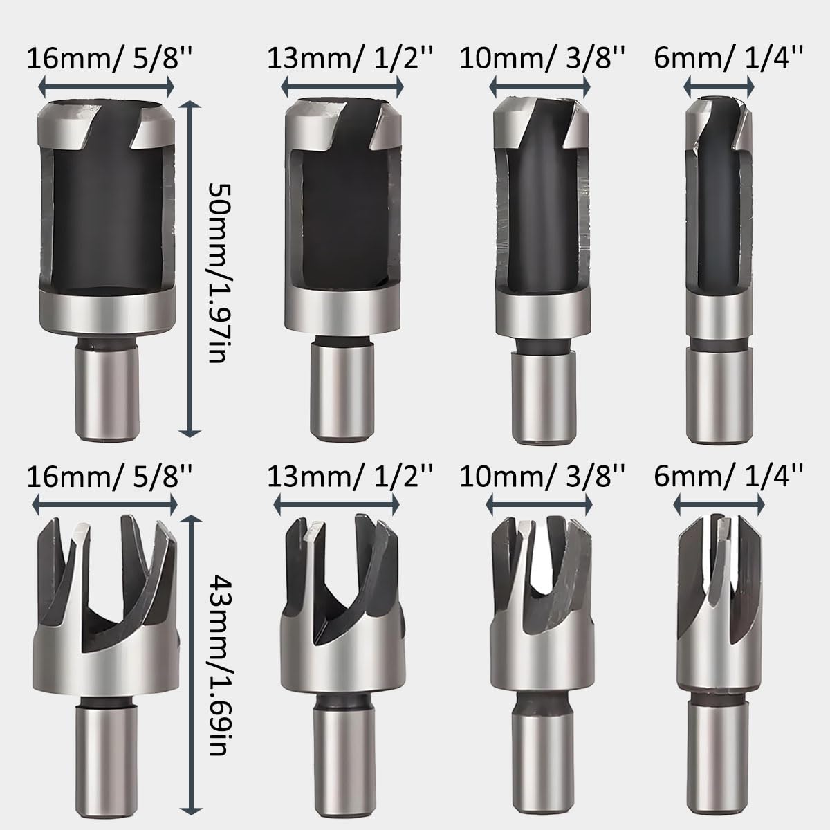 Juego de cortadores de tapones para madera Brocas avellanadoras (#5, #6, #8, #10, #12) 1/4 Inch Hex Shank madera enchufe agujero cortador Garra de acero al carbono para carpintería