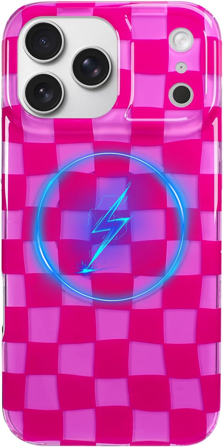 SOKAD Magnetic for iPhone 18 Pro Max Case Cute Fashion, Hot Pink Checkered