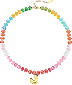 Initial Necklaces for Women, Beaded Necklaces for Women with Bubble Necklace Letter Stocking Stuffers for Teens Trendy Stuff Colorful Gemstone Choker 14k Gold Letter A-Z Pendant Summer Beach Christmas Birthday Jewelry for Her Girlfriend Sister
