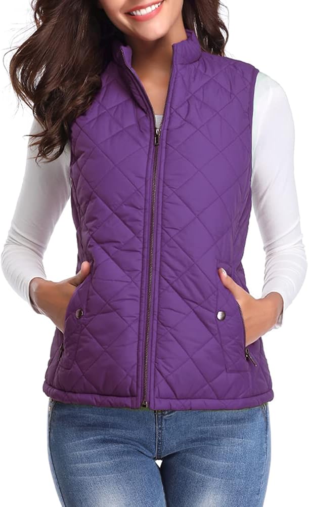 Fuinloth Women's Quilted Vest, Stand Collar Lightweight Zip Padded Gilet