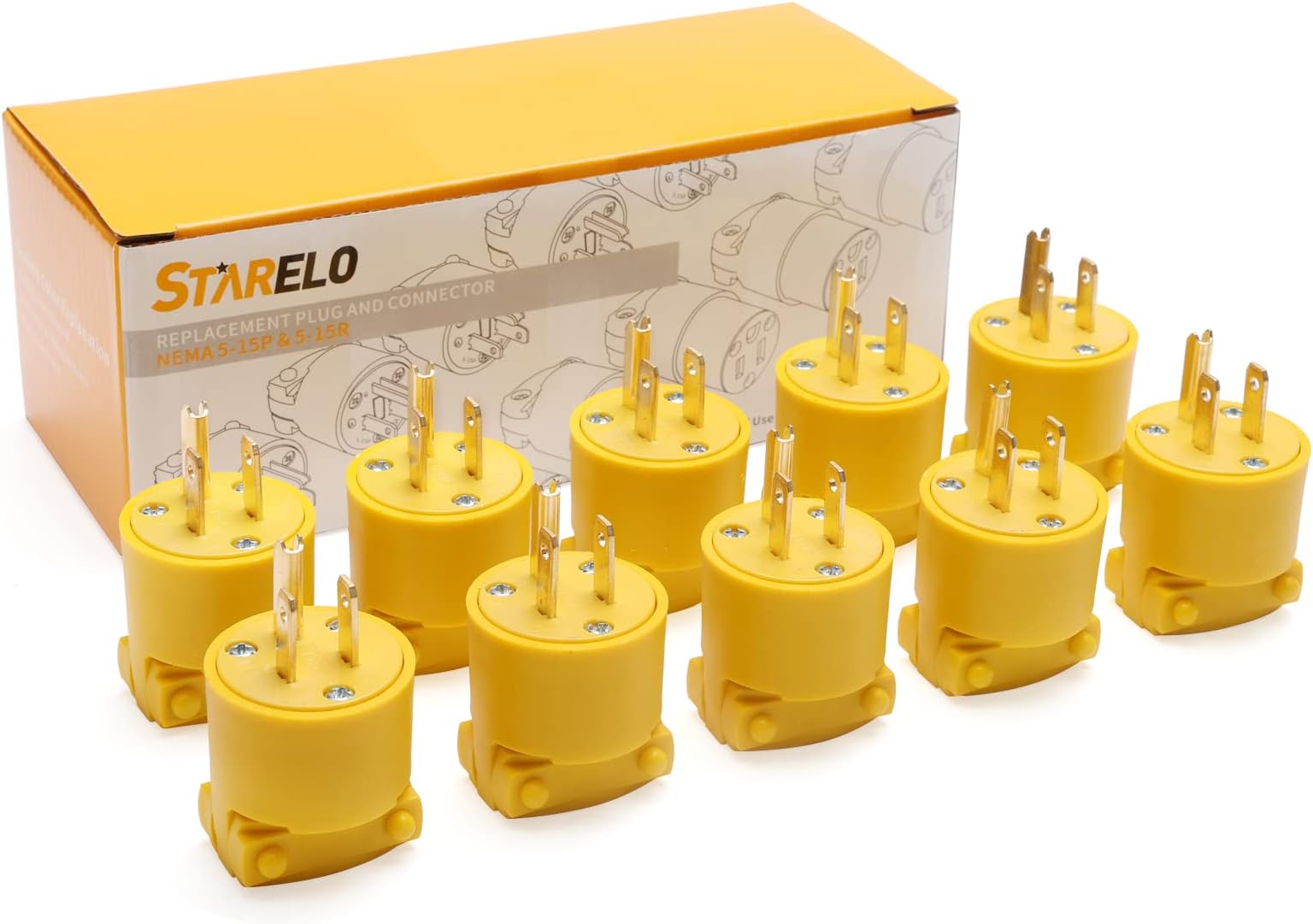 STARELO 10PCS Electrical Replacement Plug Extension Cord Ends Yellow Shell 125V 15A 2Pole 3Wire NEMA 5-15P 3-Prong Straight Blade Grounding Type (Male).