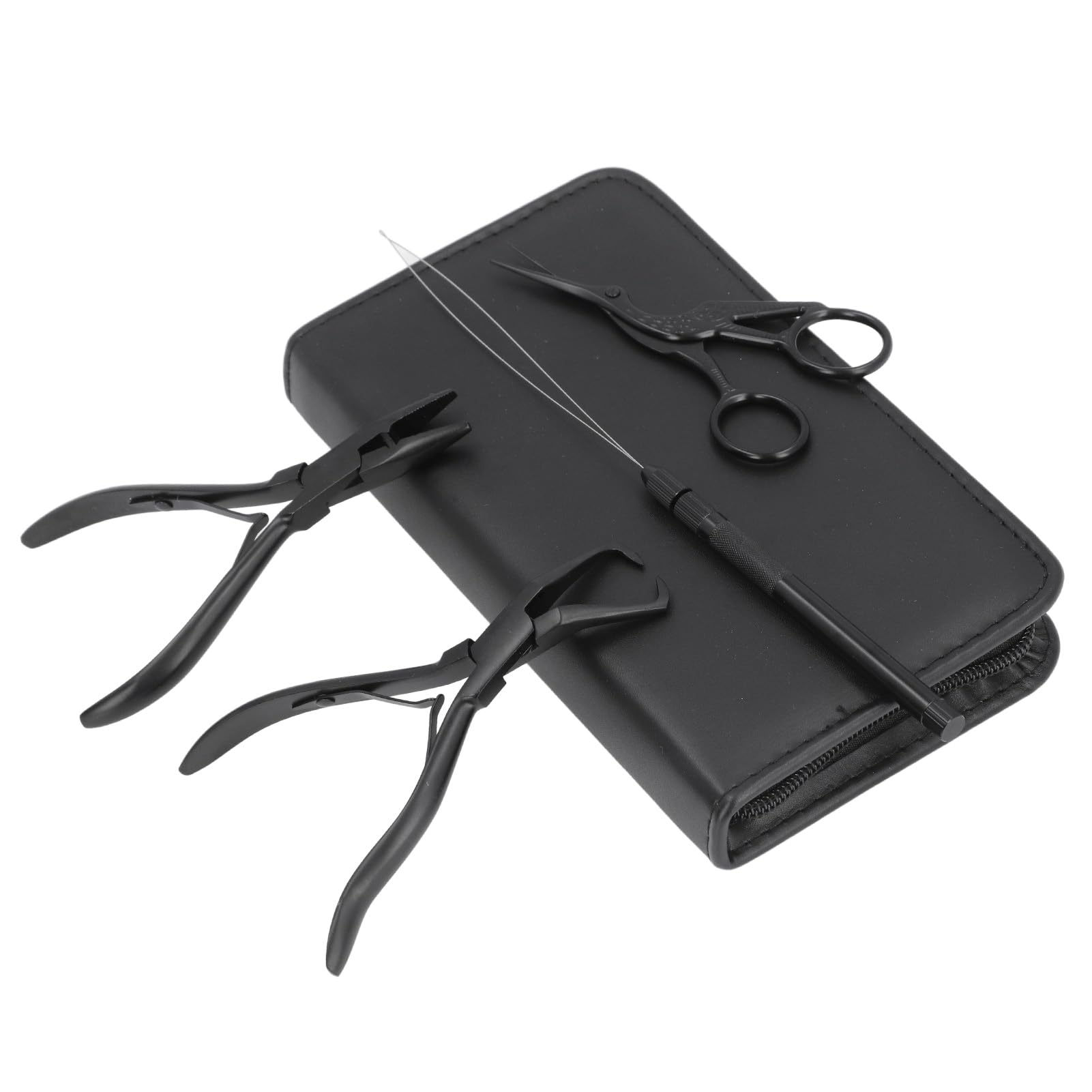 Walmeck Le Kit D'outils D'extension de Cheveux Comprend 4 Pinces en Acier Inoxydable, Boucle de Fil, Crochet Perles, Aiguille, Petits Ciseaux avec Sac Rangement pour Extensi (noir)