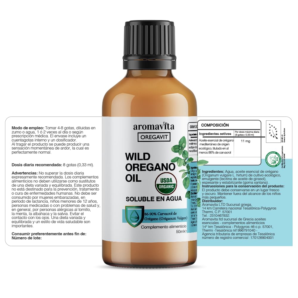 Oregavit Wasserlösliches Oregano-Öl – Hochdosiertes Bio-Oreganoöl wirkt immunstärkend und unterstützt deine Verdauung & Atemwege – Vegan, Glutenfrei, leicht zu mischen – 50 ml
