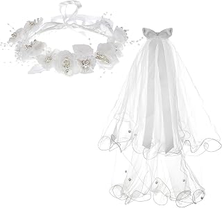 Girls First Communion Veil White Pearl Flower Crown Communion Veil