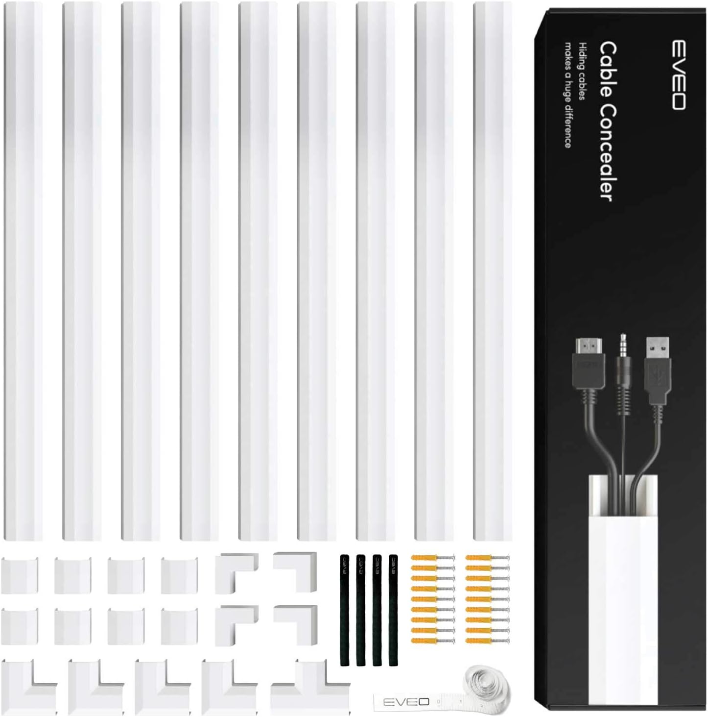 EVEO Paintable Cable Concealer for Wall Mounted TVs with Including Connectors and Adhesive Strips Connected to Raceway 150-inch