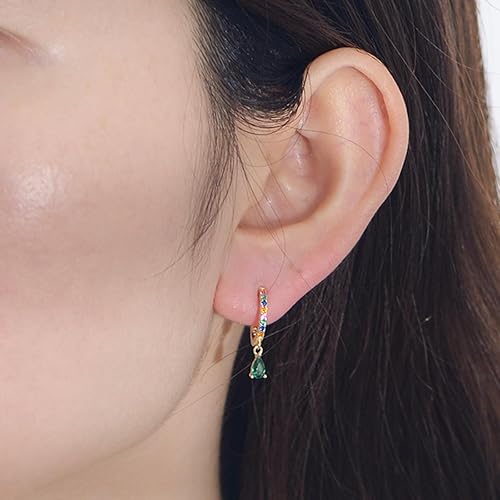 Miniatura 113 de Dainty Sterling Silver Hoop Dangle Earrings for Women, OUXi 18K Gold Plated Huggie Drop Earrings with Cubic Zirconia, Moon Star Small Hoop Earring