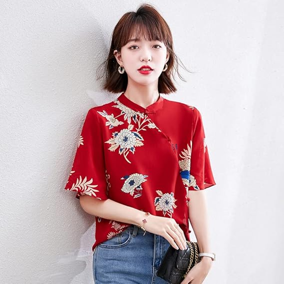 Chemisier Femme Lin Brodé Fleurs Chinoises - Style Vintage Cheongsam, Manches Courtes, Pour Printemps/Été