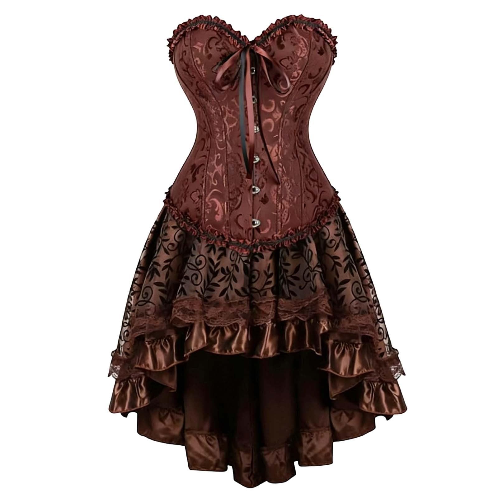 Women's Vintage Corset Dress Steampunk Jacquard Corset with Skirt Jacquard Elegant Victorian Corset Asymmetrical A-Line Tulle Skirt Ball Party Classic Tulle Skirt, O Brown, L