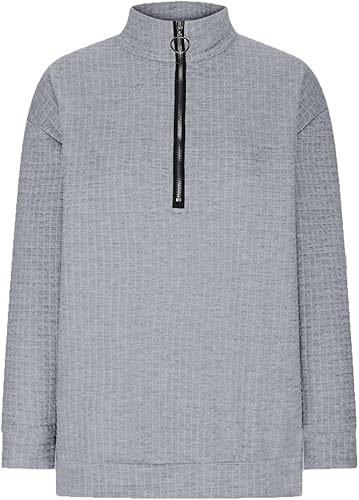 Miniatura 4 de Sudadera casual de punto gofre para mujer, con solapa y cremallera de un cuarto, manga larga, abertura lateral, holgada, talla grande, para