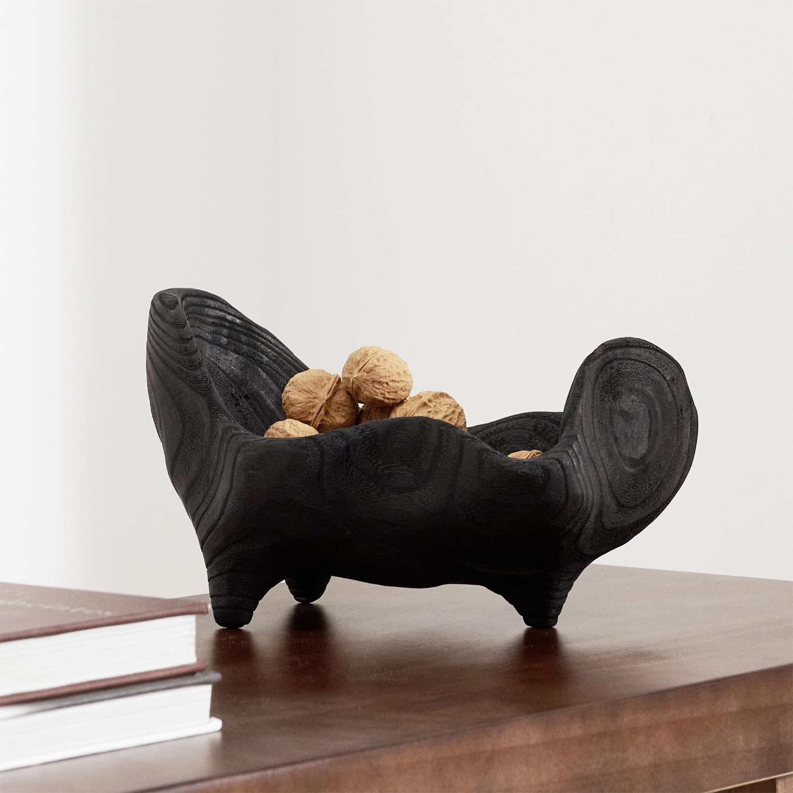 DN DECONATION Deko Schale Schwarz aus Eichenholz Dekoschale Unregelmäßig Holzschale Teak Bonbon Schale 23,5x14 cm Ablageschale Natur Schlüsselablage für Tischdeko Wohnzimmer, Küche, Flur