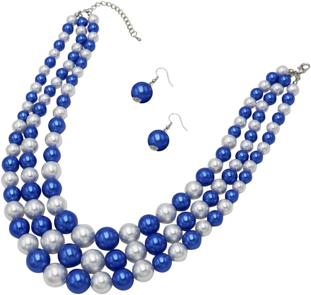 Rosemarie & Jubalee Women's 3 Colorful Multi Strands Simulated Pearl Necklace And Earrings Jewelry Gift Set, 18"+3" Extender (Blue White Mix Silver Tone)
