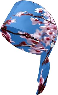 Working Caps with Button, Adjustable Sweatband Scrub Cap Tie Back Cherry Tree Working Hats for Women Men