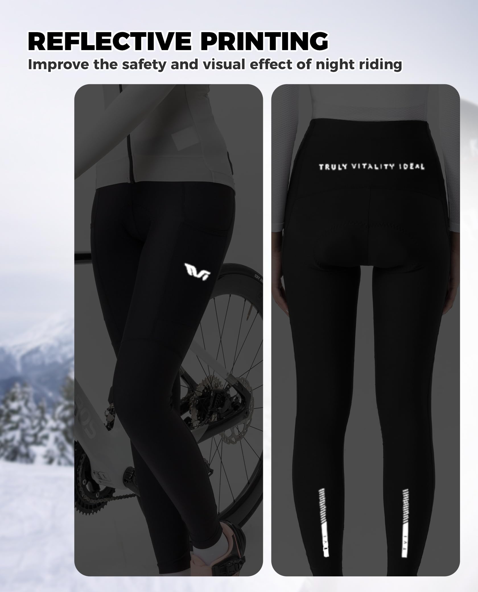 ROCKBROS TVI Pantalon de Cycliste Femme Rembourré d’Hiver, Leggings de Vélo Rembourré avec Poche Longue Respirant Élastique Thermique, Noir S-2XL