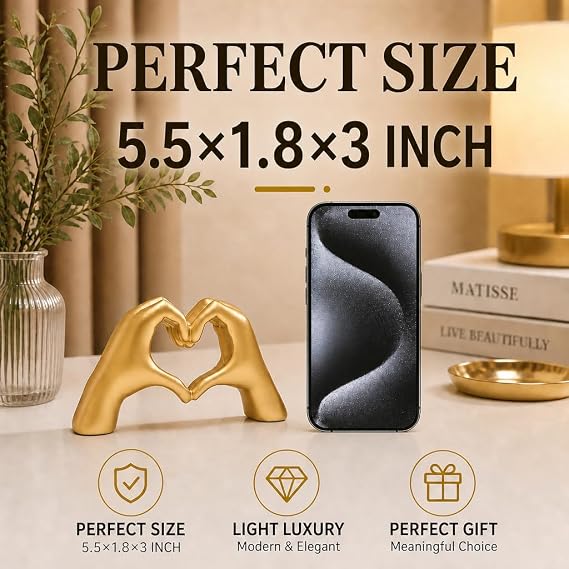 SANTA CASA Small Gold Heart Hands Sculpture, Gold Tone Desktop Art Statue